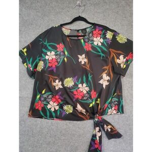 🌷 NWOT Worthington Womens 1X Floral Tie Front Satin Texture Blouse